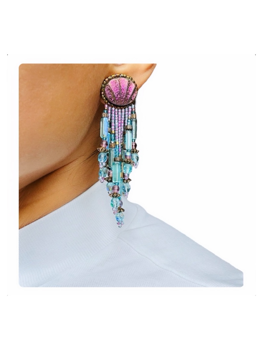 ★ Vintage Y2K Handmade Shell Beaded Hippie Seasonal Staple Dangle Earrings Blue★